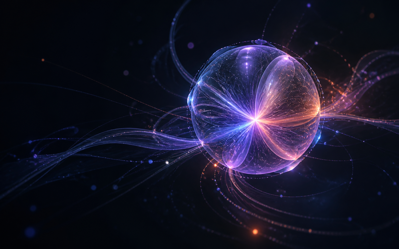Abstract luminous intelligence core surrounded by flowing signals